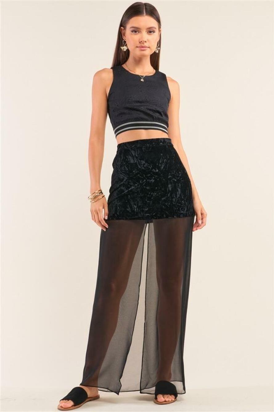 Crushed Velvet & Sheer Mesh Front Slit Maxi Skirt SZ M